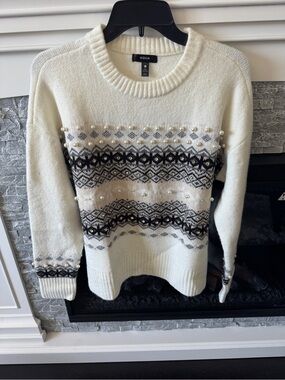 Aqua Women’s Ribbed Collar Knit Cream Fair Isle Crewneck Sweater Pearl Accents